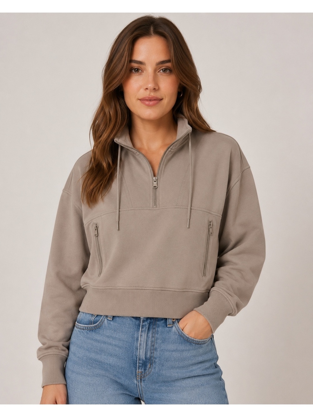 Women’s M Taupe Old Navy Active 1/4 Zip Cropped Fleece Pullover